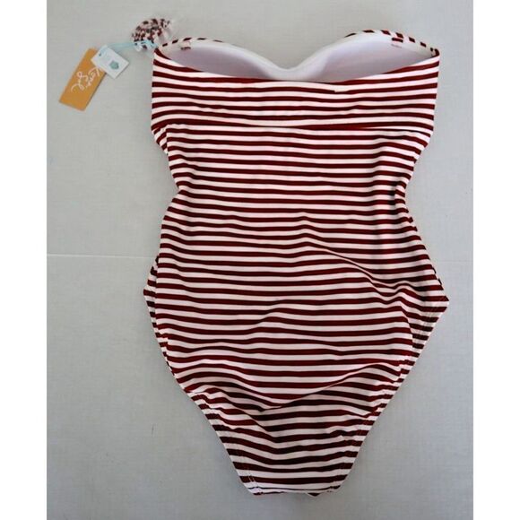 Kona Sol Sz S (4-6) Red/White Striped Twist Bandeau Med. Coverage 1-Pc Swimsuit - Picture 2 of 8